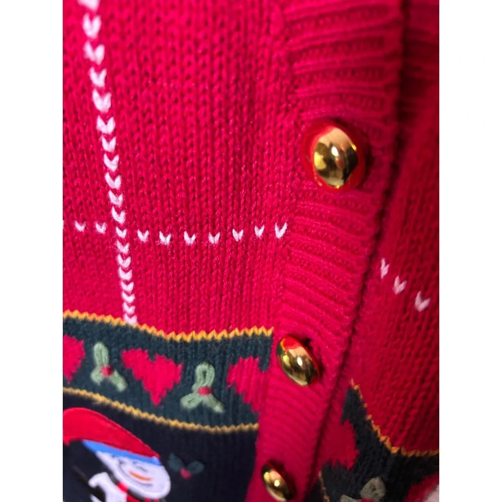Vintage Cottagecore Red Christmas Snowman Tree Sweater‎ Women 14/16 Cardigan